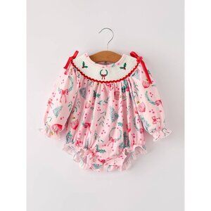 Winter Christmas Smocking Embroidery Colorful Girls Romper